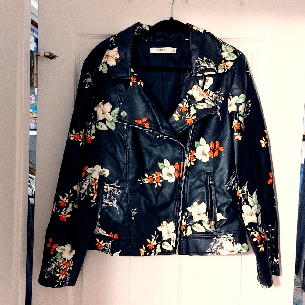 Vegan Leather Floral Moto Jacket